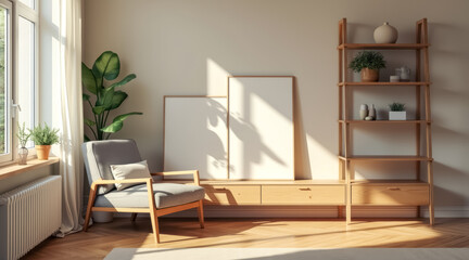 gray armchair sits near a wooden shelf with plants blank canvases a sunlit room.
