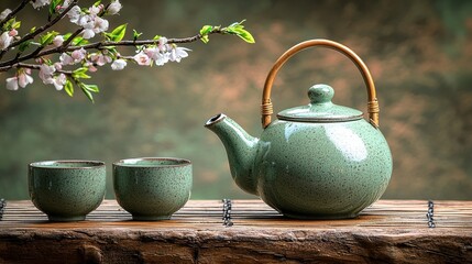 Elegant green teapot and cups with cherry blossoms in tranquil setting, perfect for tea time relaxation and enjoyment