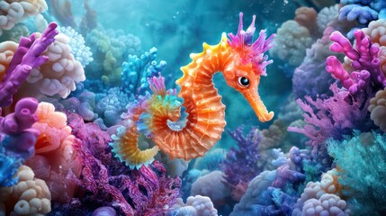 Fototapeta premium High-Definition 3D Cartoon Seahorses and Coral: Brightly Colored Q-Version Animals in a Plush Watercolor Underwater Fantasy