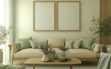 Calm living room interior design, beige sofa, green plants, wooden coffee table, blank frames. Use Home decor inspiration