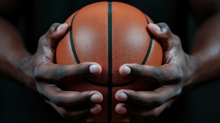 Strong hands grip a basketball, ready for an intense play at an indoor sports facility during a competitive training session