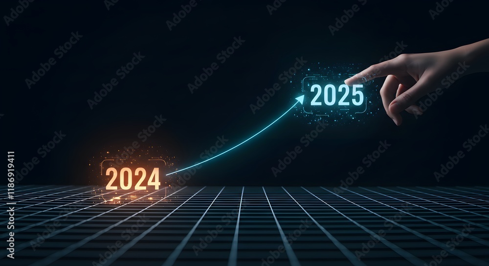 Poster digital advancement from 2024 to 2025 with glowing arrow symbolizing success and innovation in futur