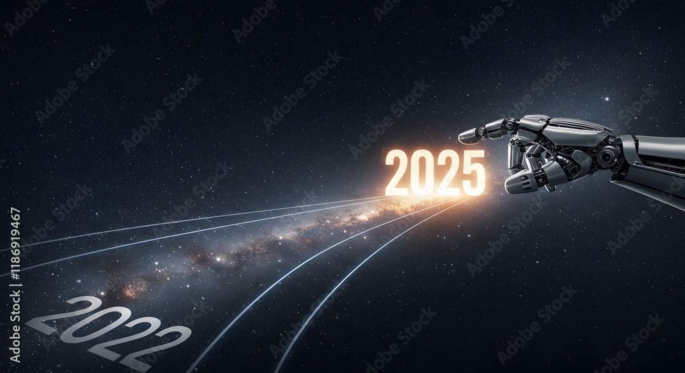Poster robotic hand illustrating futuristic economic projection with glowing path from 2022 to 2025 in gala