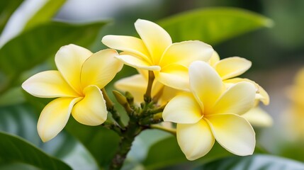 Fototapeta premium CloseUp of Vibrant Yellow Plumeria Flowers with Lush Green Leaves Background : Generative AI