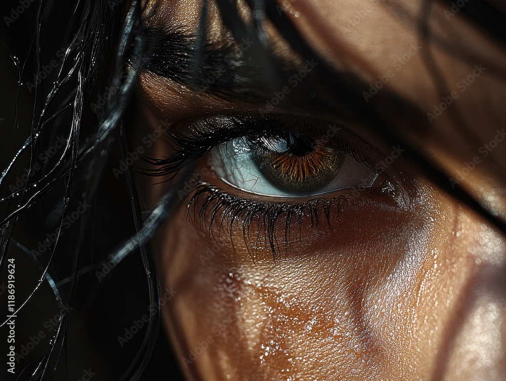 Poster close-up of an intense eye showcasing detailed iris and skin texture, emphasizing emotion and connec