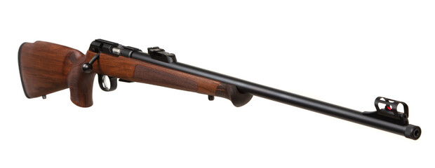 .22lr caliber small-bore rifle with a wooden stock and black barrel, isolated on a white background