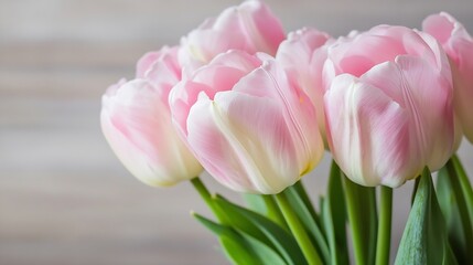 Naklejka premium Delicate pink tulip bouquet with fresh green leaves in soft natural light : Generative AI