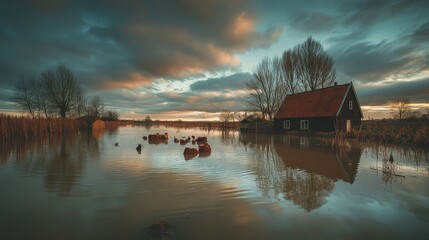 Obraz premium Flooded countryside with stranded farm animals at dusk.
