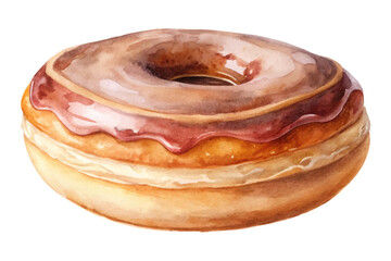 Watercolor donut illustration, sweet dessert art, delicious pastry design, bakery food concept.