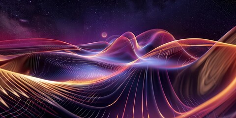Obraz premium A vibrant, abstract landscape with flowing waves of light and color, evoking a sense of motion and depth.