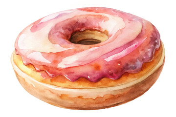 Watercolor donut illustration, pink frosting, sweet dessert, bakery art, food styling, delicious treat.