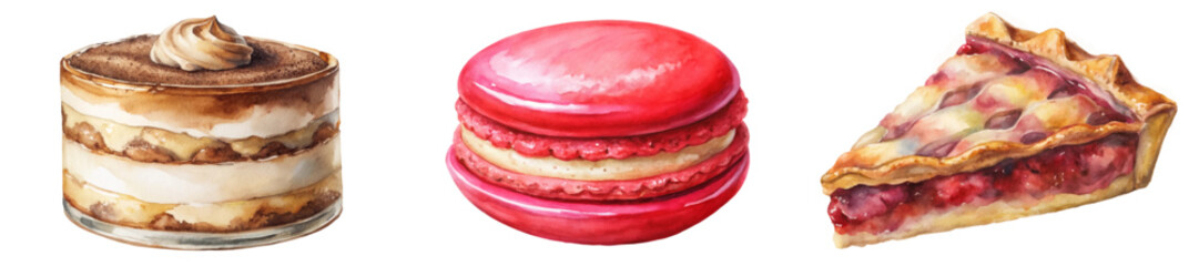 watercolor desserts, delicious pastries, sweet treats, colorful macarons, pie slice, gourmet desserts, food illustration
