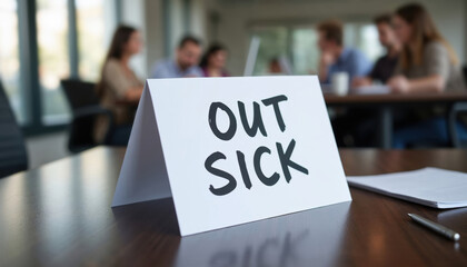 Fototapeta premium 'Out sick' sign on an office desk of an absent team member. In the blurred background coworkers engage in discussion in a busy work environment. Workplace absence concept in cold and flu season