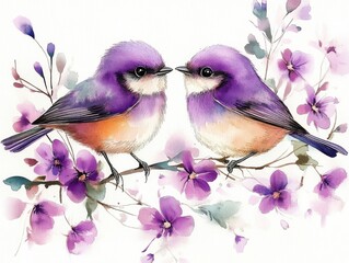 Colorful illustration of two birds perched on a branch amidst blooming flowers in a serene spring setting