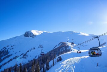 Scenic view of snow covered slopes at Ski Resort as seen from the chairlift on a sunny winter day