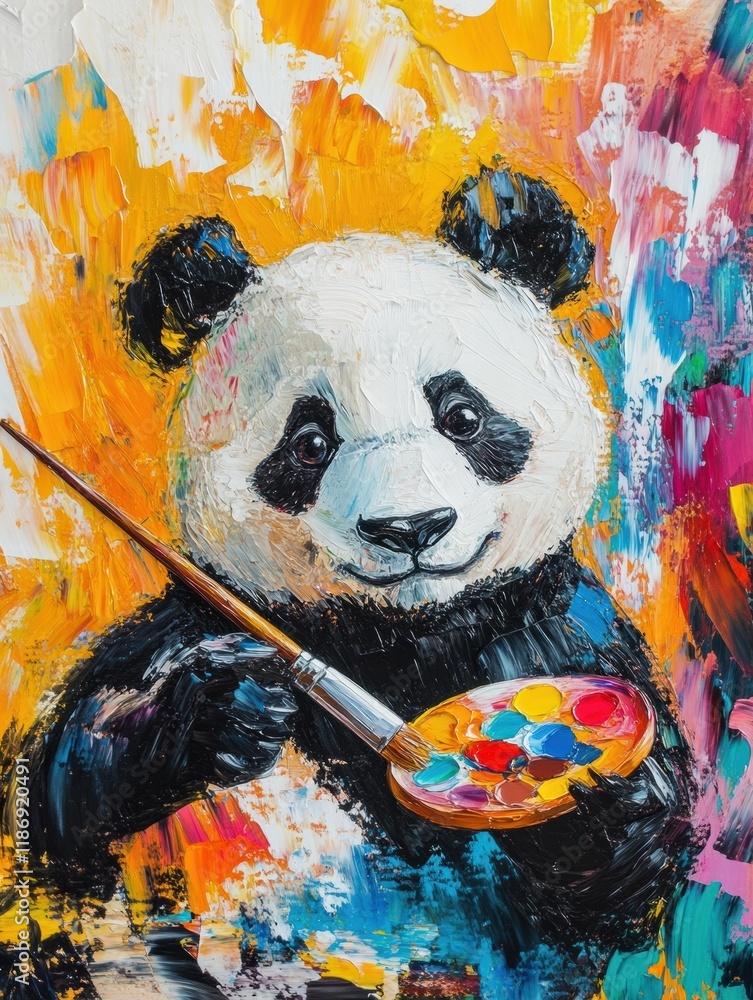 Aufkleber Panda in a vibrant setting holding a paintbrush and colorful palette while showcasing artistic skills. Generative AI