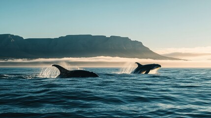 Fototapeta premium Majestic Orcas Leaping in the Ocean against a Mountainous Backdrop: A Breathtaking Wildlife Encounter