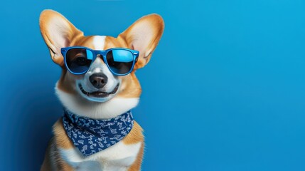 A stylish Corgi dog wearing blue sunglasses and a matching neckerchief, looking cool and relaxed against a bright blue background.