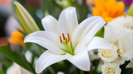 Obraz premium Close Up of Elegant White Lily Amongst Vibrant Florals in a Soft Focus Shot : Generative AI