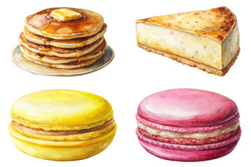 watercolor food illustration, pancakes with syrup, cheesecake slice, colorful macarons, dessert art, bakery concept