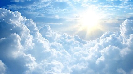 Bright blue sky with sun shining through fluffy white clouds creating a heavenly scene : Generative AI