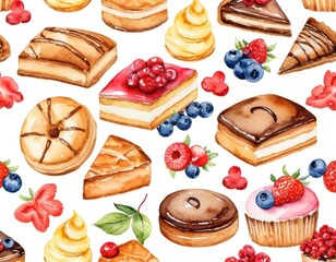 A pattern of various watercolor-painted desserts and berries on a white background