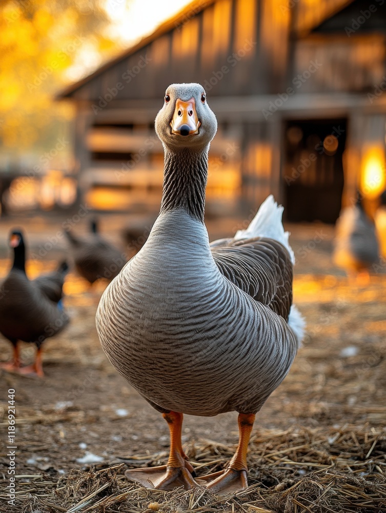 Poster goose stands tall in a rustic farm setting during golden hour with warm sunlight illuminating the sc