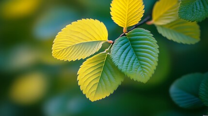 Yellow and Green Leaves Bask in Sunlight on Branch