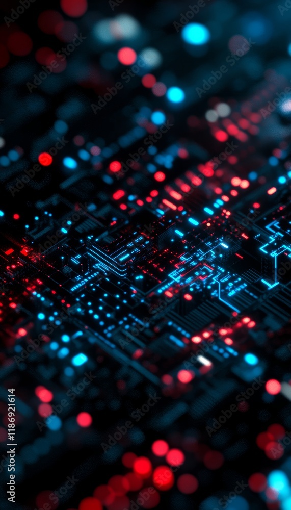 Poster abstract technology background, futuristic circuit board with glowing cyan and red illumination