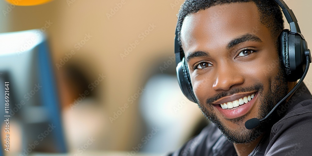 Poster smiling customer service representative wearing a headset in a modern office environment during work