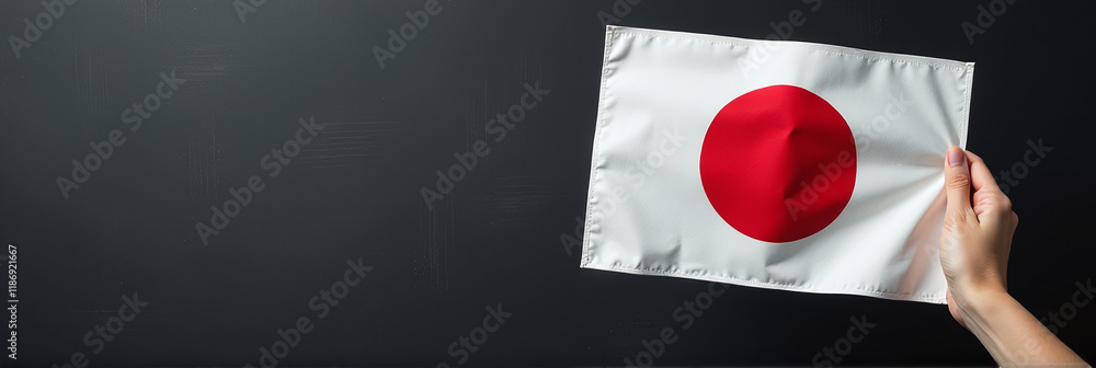 Poster A Person Holding A Japanese Flag On A Black Textured Background With Ample Copy Space For Text Overlay. 00003
