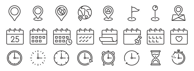 Time, date and location icon set in line style, Containing hourglass, pin, stopwatch, calendar, clock, gps point, flag point, globe point and more, vector illustration