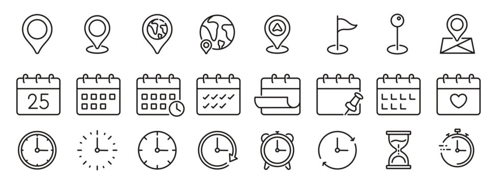Time, date and location icon set in line style, Containing hourglass, pin, stopwatch, calendar, clock, gps point, flag point, globe point and more, vector illustration