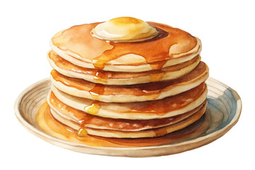 Watercolor pancakes, stacked high, golden syrup drizzle, breakfast food, delicious dessert, cozy kitchen setting.