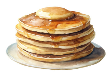 Watercolor pancakes stack, golden syrup drizzle, breakfast food illustration, delicious brunch concept, culinary art.