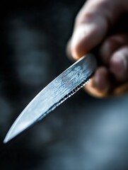 Closeup of Sharp Kitchen Knife Blade Held by Person in Moody Lighting : Generative AI