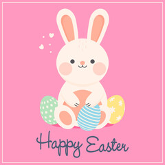 Happy Easter! Cute Easter Bunny with Eggs. Vector Illustration.
