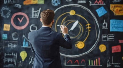 Man planning strategy, drawing on chalkboard.