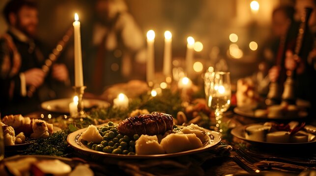 Medieval feast, musicians playing, candlelit dinner