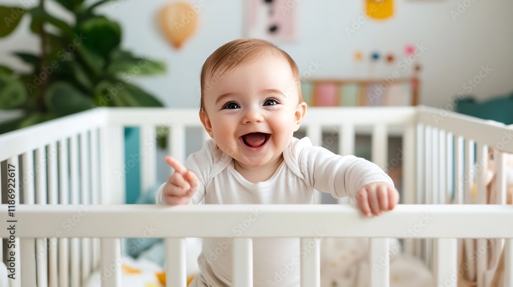 Poster joyful baby smiling and pointing in a bright and cheerful nursery setting : generative ai