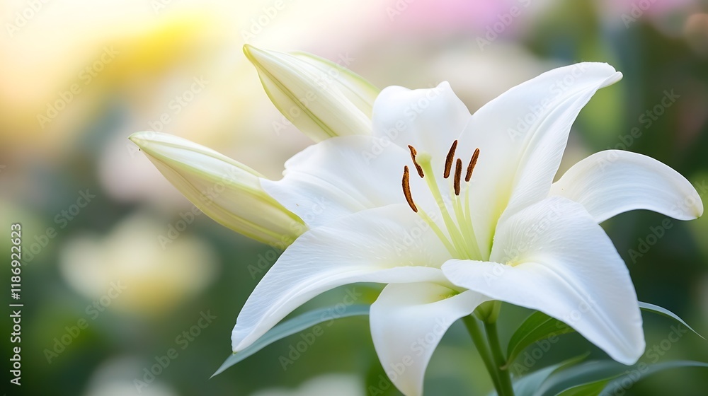 Poster closeup of elegant white lily flower in bloom with greenery background : generative ai