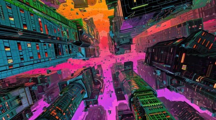 Obraz premium A vibrant, futuristic cityscape viewed from below, showcasing colorful buildings and a dynamic atmosphere.