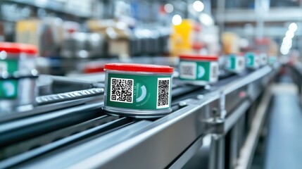 Metal containers with qr codes and recycling symbols are moving on a conveyor belt in a factory, representing automated quality control, tracking, and sustainable manufacturing processes
