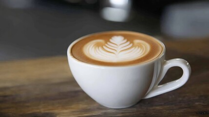 Artistic Latte Art in White Cup with Leaf Design on Wooden Table : Generative AI