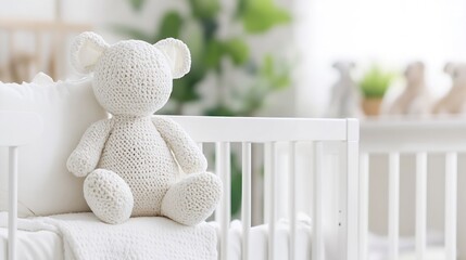 Soft and cozy white crocheted teddy bear sitting in a minimalist nursery crib setting : Generative AI