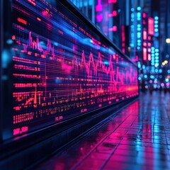 Fototapeta premium A vibrant digital display showcasing financial data in a bustling urban environment at night.