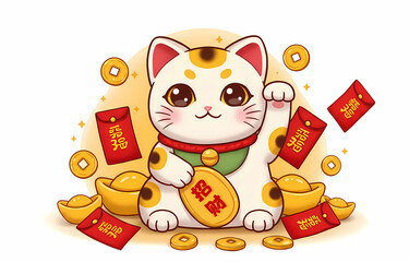 Happy chinese new year theme illustration background wallpaper gold ingots maneki-neko lucky fortune propserity cat 招财猫