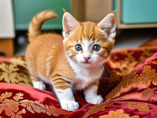 Portrait of a cute ginger cat on the bed