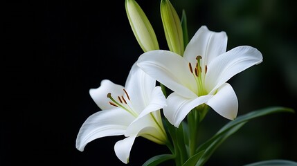 Fototapeta premium Elegant White Lilies in Bloom Against Dark Background Blossoms Symbolize Purity and Renewal : Generative AI