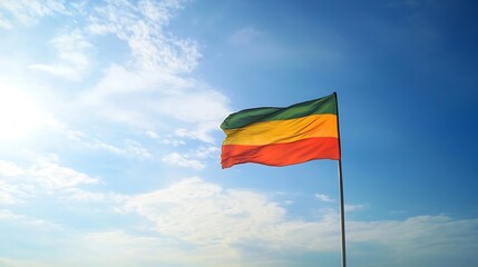 Vibrant Ethiopean Flag Waving in Clear Blue Sky Symbolizing National Pride and Culture : Generative AI